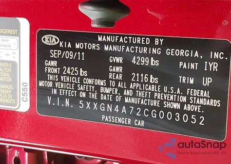 2012 Kia Optima Ex z USA, uszkodzony, nr VIN 5XXGN4A72CG003052